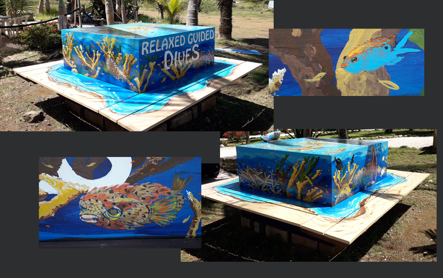 Acrylic painting of shore and reef on outdoor bench, five sides.